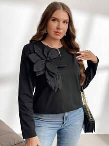 SHEIN Privé 大码女式黑色长袖 3D 花卉装饰 T 恤，宽松韩版基本款汗衫 - 黑色 - 查看 3