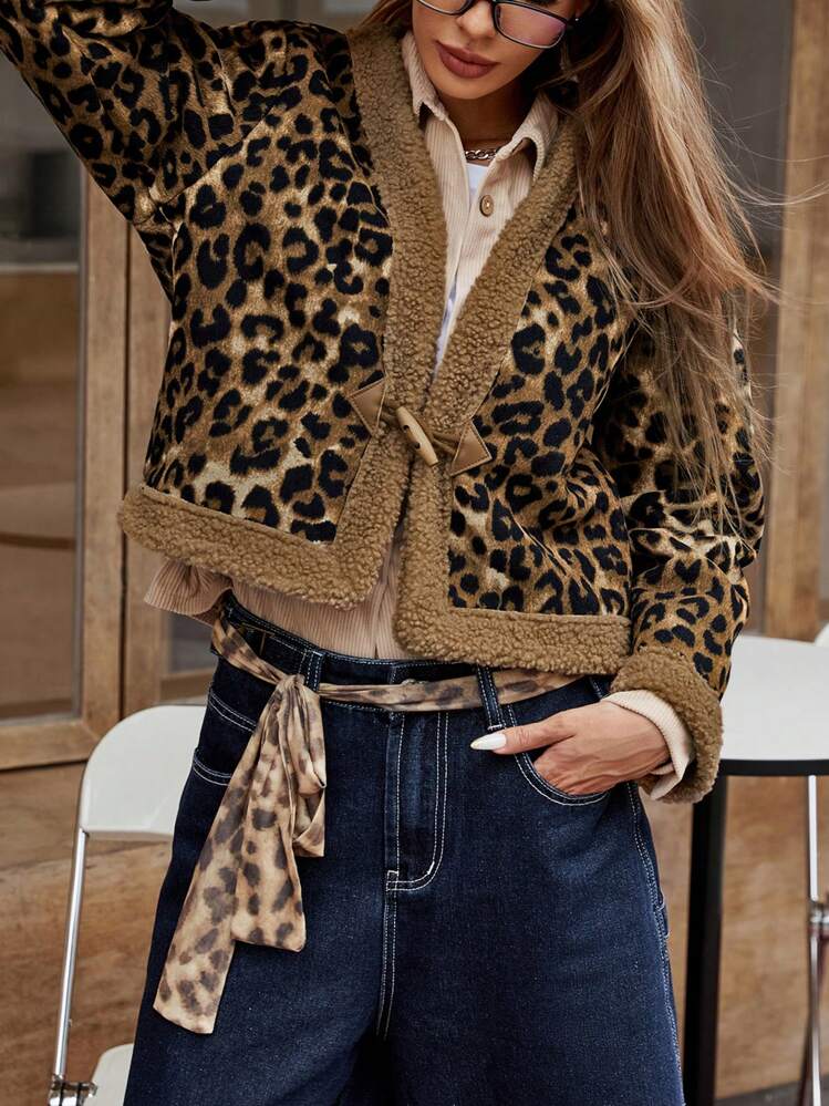 EMERY ROSE Autumn/Winter Fashion Leopard Print Patchwork Cropped Jacket Fall Cloth For Women - Brown - View 5