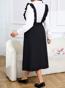 SHEIN LUNE 2pcs/Set Women Plus Size Solid Color Long Sleeve Single-Breasted Blouse And Ruffled Strap Pinafore Dress Elegant Set, Autumn - Black - View 2