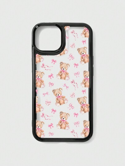 Kawaii 1pc Pink Bow & Bear Pattern IPhone Case Compatible With Iphone 11 12 13 14 15 Pro Max