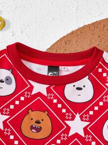 We Bare Bears X SHEIN 青少年女孩圣诞格子熊卡通全印花针织宽松彼得潘领运动衫 - 紅色 - 查看 7