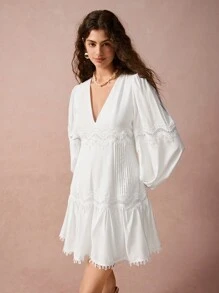 Enchnt New Winter Products,Women Grace Casual Solid Color V-Neck Lantern Sleeve Lace Splice Mini Dress, Long Sleeve Dress, Winter Women's Clothing,New Years Dress