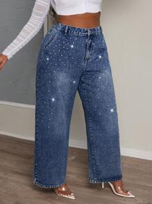 SHEIN X LOS FAVORITOS DE LA FATSHIONISTA SHEIN ICON Plus Size Women Rhinestone Embellished Solid Color Pockets Straight Leg Casual Jeans - Blue - View 6