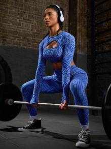 Powerista Women's Full Print Cut-Out Front Flex Long Sleeve Crop Top - Blue - View 3