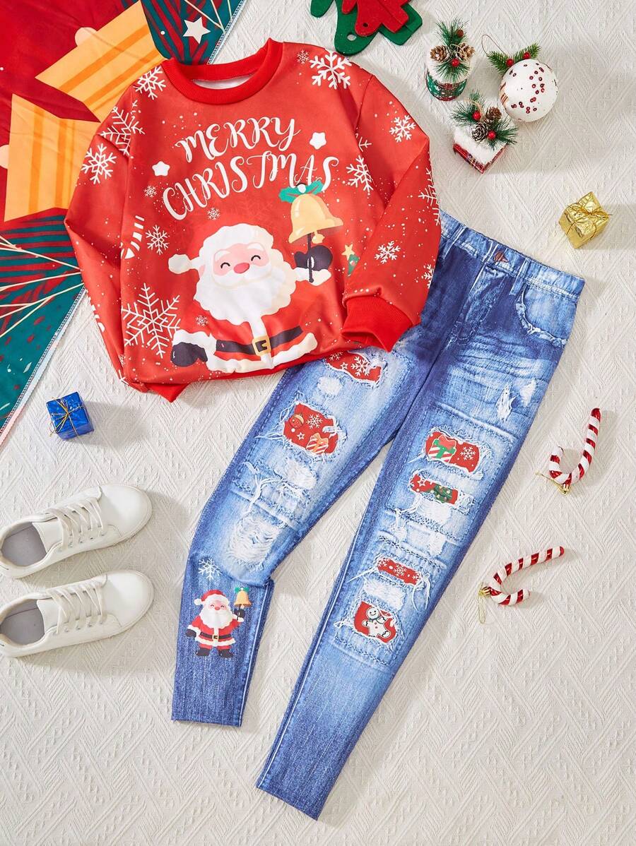 2pcs/Set Tween Girls Casual Halloween Cat Graphic Print Hoodie And Leopard Denim Effect Pants - Red - View 1
