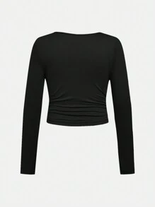 SHEIN 3pcs/Set Tween Girls Casual Minimalist Comfortable Solid Color V-Neck Ruched Waist Long Sleeve T-Shirts - Pink - View 10