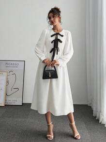SHEIN Frenchy Robe élégante femme à manches lanternes avec liens de couleur contrastée, pour la saison d'automne