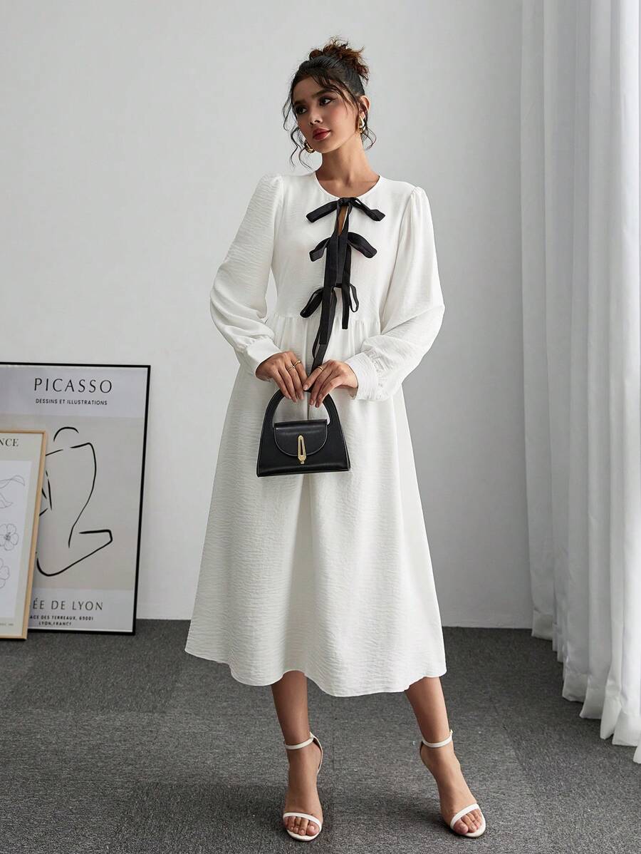 SHEIN Frenchy Robe élégante femme à manches lanternes avec liens de couleur contrastée, pour la saison d'automne
