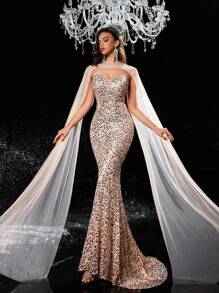 Glamrae Elegante vestido de cena de gala con cuello en V sin tirantes de cintura alta y silueta ajustada, con tul bordado en 3D con lentejuelas y pedrería desmontable tipo chal, en color champán, para invitada de boda, graduación o evento formal