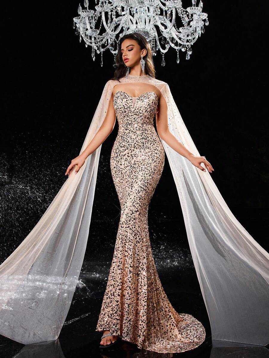 Glamrae Elegante vestido de cena de gala con cuello en V sin tirantes de cintura alta y silueta ajustada, con tul bordado en 3D con lentejuelas y pedrería desmontable tipo chal, en color champán, para invitada de boda, graduación o evento formal