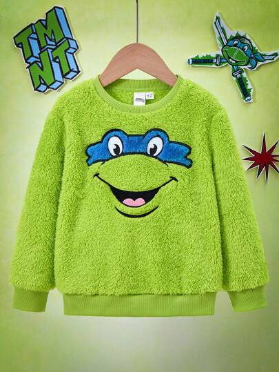 TEENAGE MUTANT NINJA TURTLES | SHEIN Young Boy Cartoon Turtle Graphic Embroidered Patch Fleece Crew Neck Sweatshirt, Fall/Winter