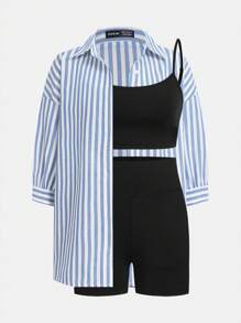 SHEIN Essnce 3pcs/Set Women Striped Drop Shoulder Long Sleeve Shirt, Solid Camisole Tank Top And Shorts Casual Outfit, Autumn