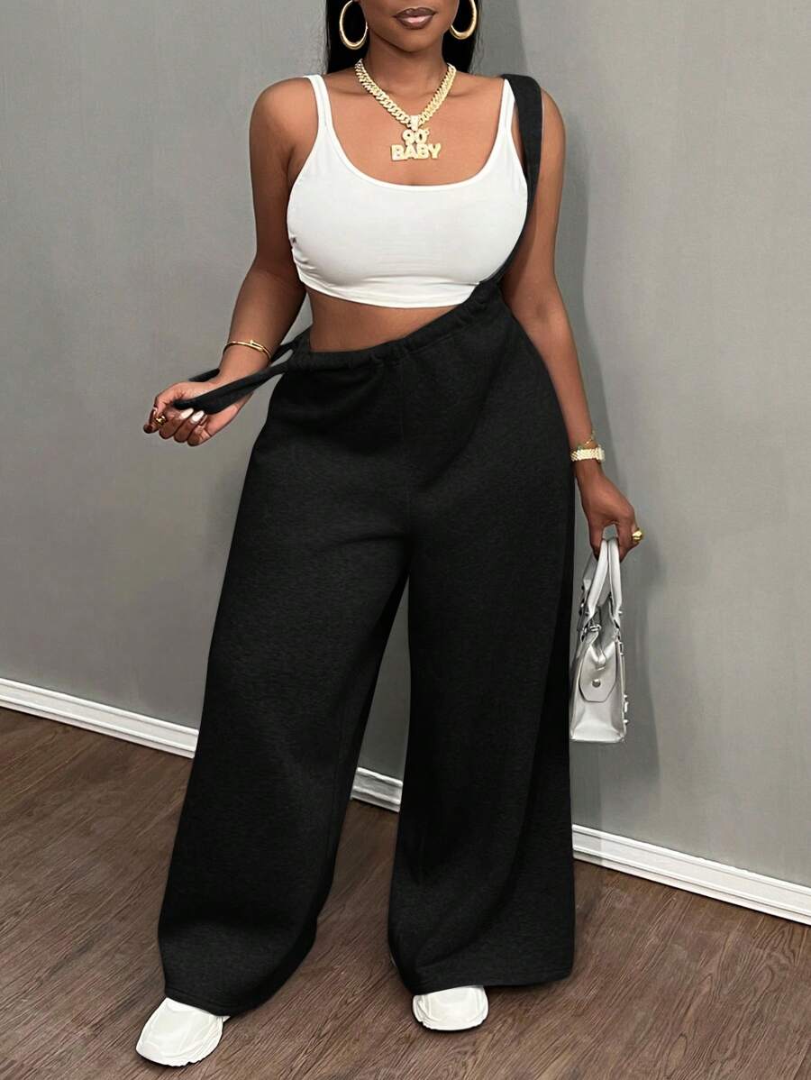 Slaydiva Casual Grey Wide Leg Drawstring Tie Pants - Black - View 1