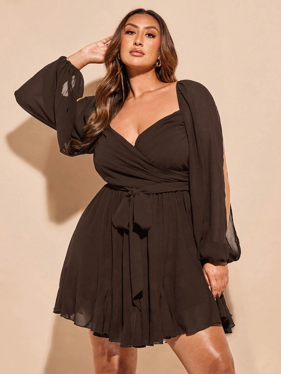SHEIN BAE Plus Size Women's Simple Black Solid Vacation Daily Date Night Sexy Sweetheart Neck Bow Tie Wrap Slit Lantern Sleeve Sheer Thin Dress - Coffee Brown - View 1