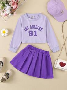 全新春秋季 4-7 岁少女返校休闲/户外/派对英文数字印花宽松紫色圆领运动衫搭配紫色百褶裙 2 件套 - 紫色 - 查看 1