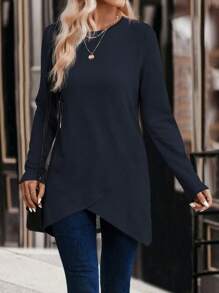 SHEIN LUNE Women's Solid Color Round Neck Long Sleeve Casual Loose T-Shirt, Autumn Fall Cloth For Women