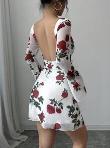 Women Floral Backless Bell Sleeve Mesh Mini Bodycon Slip Dress - Multicolor - View 4