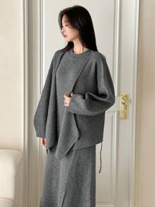 DAZY 2pcs Women's Asymmetrical Knitted Cardigan Set With Drawstring, Unique Design Gentle Style Sweater Outerwear, Autumn/Winter - Grey - View 6