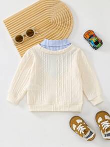 SHEIN Playful Pals 24 新款男婴老款高尔夫马球马术网球运动比赛经典百搭休闲绅士马术刺绣撞色领罗纹 V 领仿层上衣 - 杏色 - 查看 2