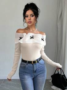 Chiquease 休闲日常优雅蝴蝶结饰边露肩修身T恤，秋季 - 杏色 - 查看 4