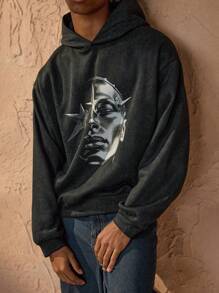 Forever 21 Men's Casual Street Style Versatile Portrait Abstract Print, Snowflake Fabric Loose Hooded Sweatshirt - Black - View 4