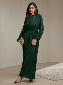 Veilorie Women Elegant Solid Color Pleated Long Dress, Autumn Modest