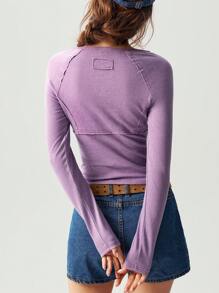 Bohemela 1pc Women Solid Color Knit Crew Neck Long Sleeve Fitted Washed Top