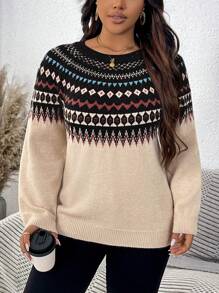 SHEIN LUNE 大码民族图案宽松针织毛衣，休闲日常穿着，秋冬季 - 黑色 - 查看 4