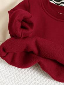 SHEIN Set de 3 sudaderas casuales con estampado de dibujos animados, de rayas negras/blancas y color caqui sólido de manga larga para niño bebé, adecuado para salidas de otoño e invierno
