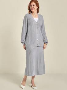 EMERY ROSE Plus Size Solid Color Button-Front Long Sleeve Sweater & Skirt Casual Set