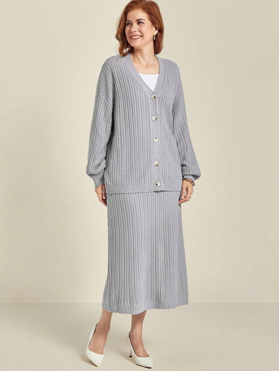 EMERY ROSE Plus Size Solid Color Button-Front Long Sleeve Sweater & Skirt Casual Set