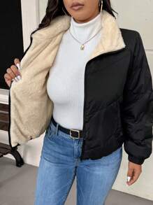 SHEIN Frenchy 大码女式冬季长袖拉链休闲羊毛夹棉大衣 - 黑色 - 查看 1