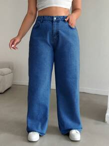 SHEIN Cottnline 100%Cotton HIGH RISE STRAIGHT CUT PLUS SZIE WOMEN JEAN - Medium Wash - View 4