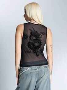 Manfinity UZERO 1 件男士针织修身无袖休闲 Y2k 中国龙图案半透明网眼无袖背心，适合夏季、外出、情侣装 - 黑色 - 查看 4