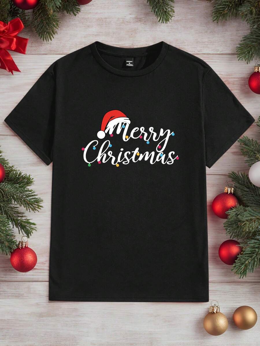 Manfinity Hypemode Black Knit Men's Casual Round Neck Short Sleeve T-Shirt With Christmas Slogan Print - Black - View 1