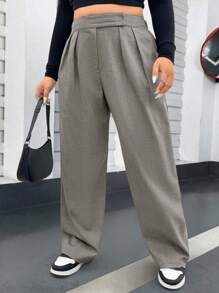Flirla Plus Size Women Solid Color Pleated Pocket Wide Leg Loose Suit Pants - Dark Grey - View 5