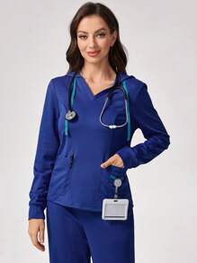 TaskEZ Solid Color Hooded Top And Pants Scrub Uniform Set