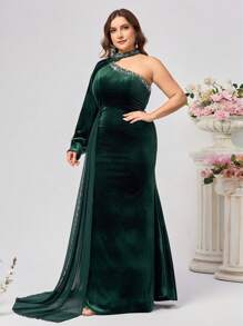 SHEIN Belle 大码优雅天鹅绒拼布泡泡珠连衣裙，适合圣诞节、舞会半正式礼服、生日、婚礼宾客、毕业返校节 - 綠色 - 查看 6