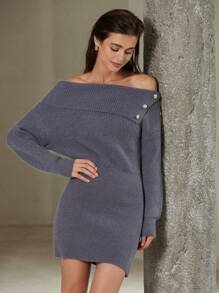 EMERY ROSE Gaun Sweater Rajut Bodycon Wanita Seksi Musim Gugur/Dingin, Model Bahu Terbuka dengan Kancing dan Hiasan Kancing, Kerah Tinggi, dan Leher Tinggi. - Grey - View 5
