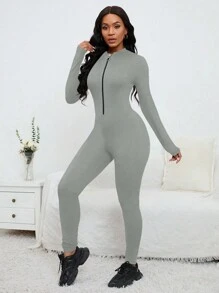 Zolique Solid Color Zip Front Long Sleeve Jumpsuit, Casual For Autumn/Winter - Grey - View 3
