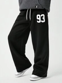 SHEIN Tween 男童数字印花休闲宽松直腿运动裤 - 黑色 - 查看 1