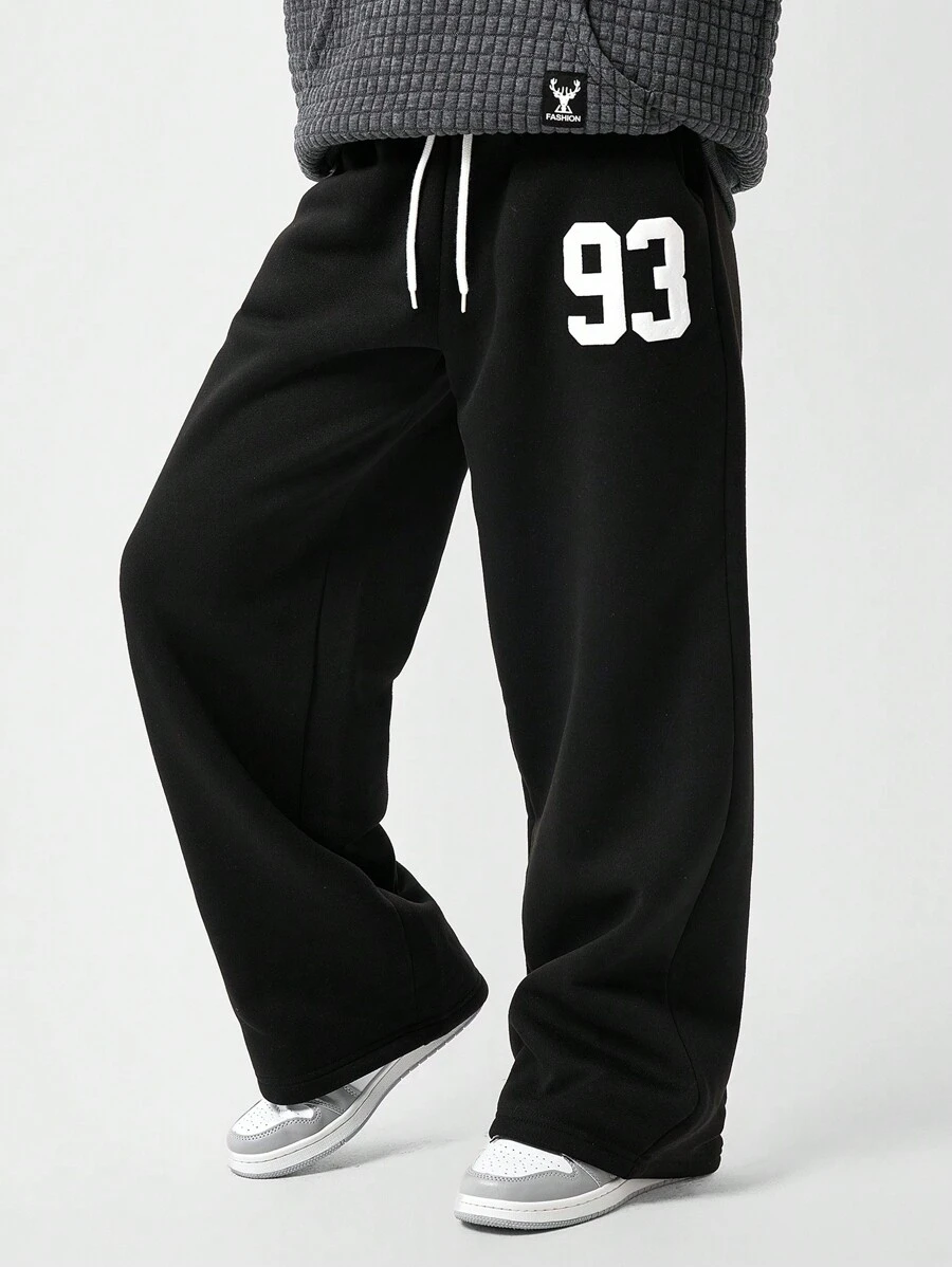 SHEIN Tween 男童数字印花休闲宽松直腿运动裤 - 黑色 - 查看 1
