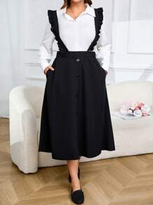 SHEIN LUNE 2pcs/Set Women Plus Size Solid Color Long Sleeve Single-Breasted Blouse And Ruffled Strap Pinafore Dress Elegant Set, Autumn - Black - View 6
