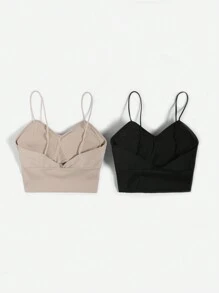 SHEIN BASICS 2pcs/Set Women Solid Color Knit Fitted Sport Crop Top Cami - Multicolor - View 2
