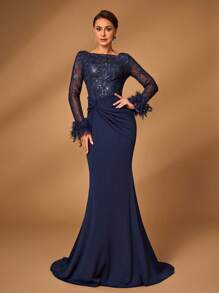 Serin Elegante y lujoso vestido de noche azul marino con mangas largas transparentes, bordado de encaje, lentejuelas, parches y tejido de punto con cola de pez, adecuado para bodas, fiestas, banquetes, vestido de madre de la novia (puños de plumas), vestido de noche, vestido de madre de la novia, para el Día de San Valentín - Azul Marino - Ver 2