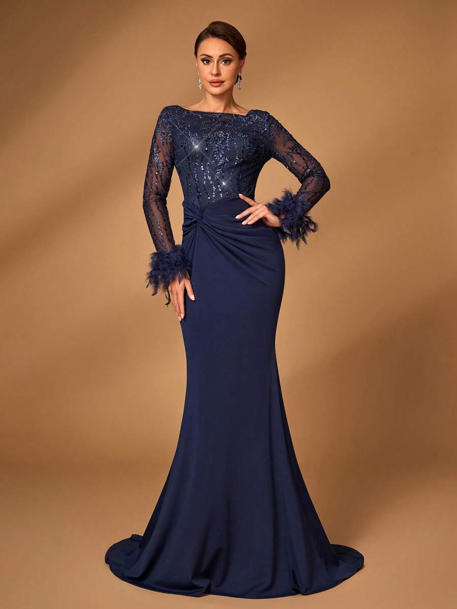 Serin Elegante y lujoso vestido de noche azul marino con mangas largas transparentes, bordado de encaje, lentejuelas, parches y tejido de punto con cola de pez, adecuado para bodas, fiestas, banquetes, vestido de madre de la novia (puños de plumas), vestido de noche, vestido de madre de la novia, para el Día de San Valentín