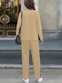 SHEIN LUNE Bộ 2 món/Bộ đồ nữ họa tiết da báo chắp vá tay cánh dơi và quần âu thường ngày, bộ đồ giải trí mùa thu - Màu Khaki - Xem 2