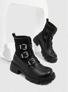 CUCCOO GRLICON Giày bốt cổ cao gót Chunky dành cho nữ, phong cách Punk Y2K, lấy cảm hứng từ xe máy, phù hợp cho trang phục Halloween, Giáng sinh, tiệc tùng - màu đen - Xem 5