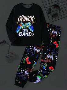 2 Stücke bequemer Pyjama-Set für Teenager Jungen - Schwarze Basis mit bunten fluoreszierenden Videospiel-Grafiken auf Langarmshirt und Hose, moderne Mode