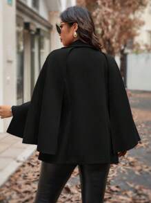 SHEIN Unity Plus Size Solid Color Lapel Belted Cape Sleeve Long Coat, For Winter - Black - View 2